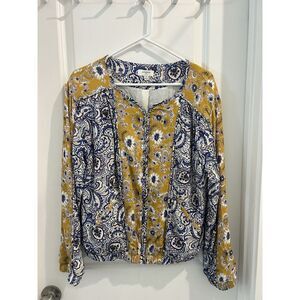 Umgee Women's Small shirt long sleeve paisley floral, blue, yellow zipper front